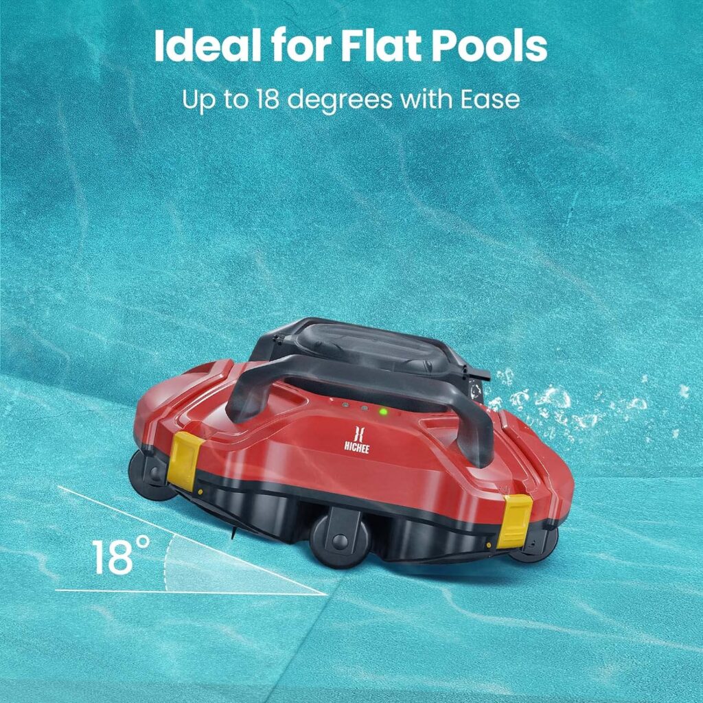 Upgraded HICHEE Cordless Pool Vacuum Robot, Automatic Pool Cleaner Lasts Over 100 Minutes, Self-Parking, LED Indicator, Intelligent Navigation for Above and In-Ground Flat Pools Up to 900 Sq.Foot, Red