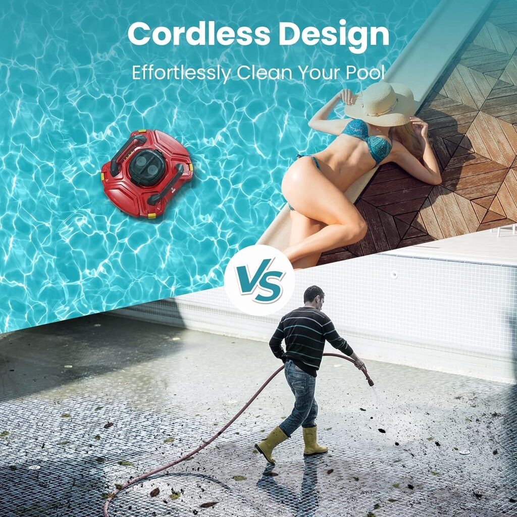 Upgraded HICHEE Cordless Pool Vacuum Robot, Automatic Pool Cleaner Lasts Over 100 Minutes, Self-Parking, LED Indicator, Intelligent Navigation for Above and In-Ground Flat Pools Up to 900 Sq.Foot, Red